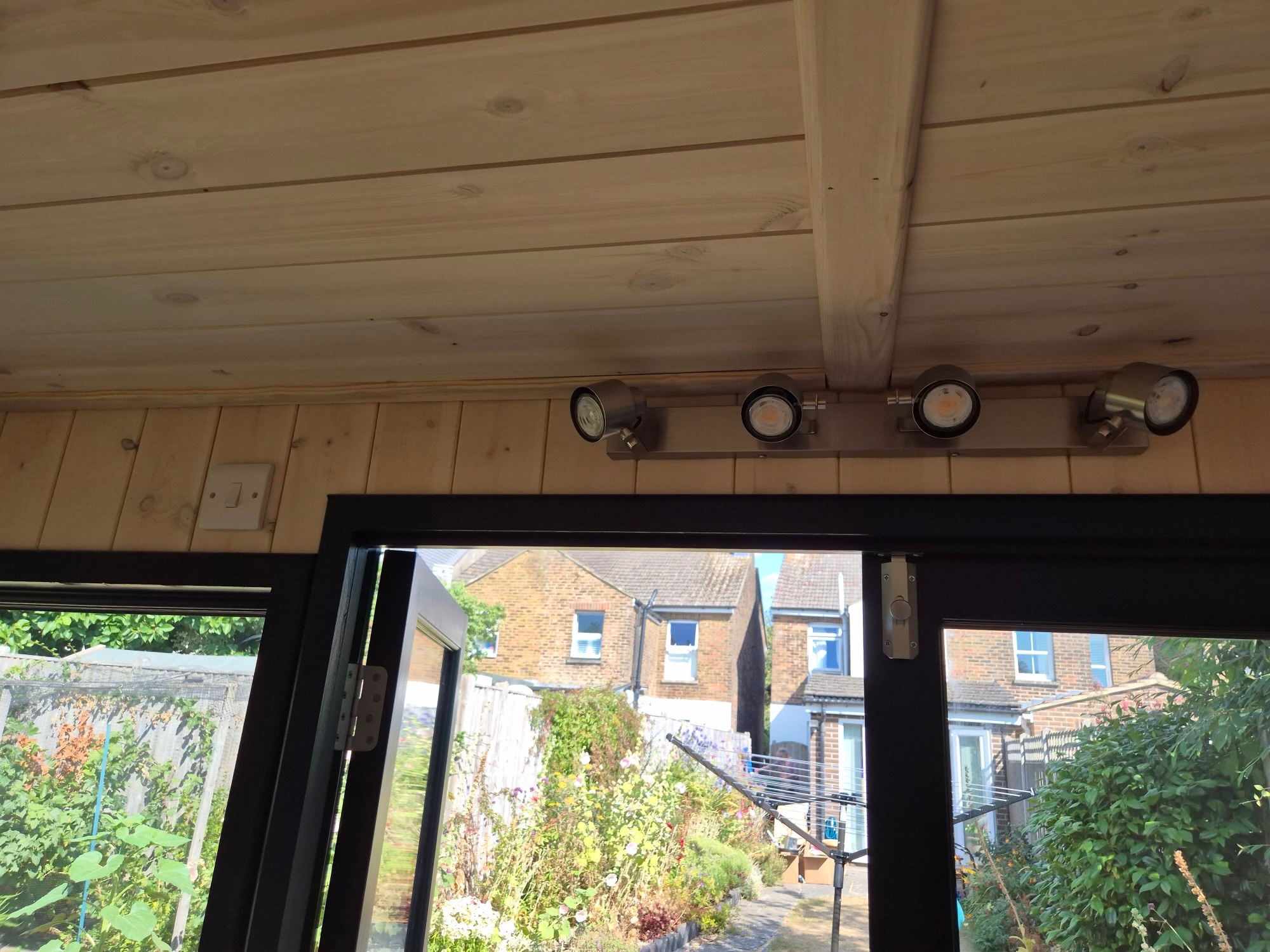 LED spotlights fitted in a newly wired garden office in Horsham