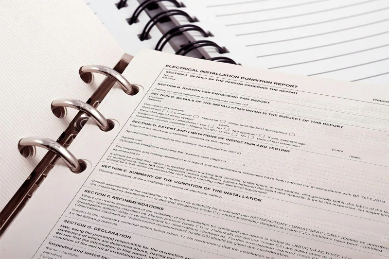An Electrical Installation Condition Report form used for EICR testing